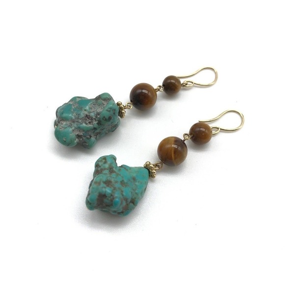 14k Yellow Gold Turquoise Tiger's Eye Dangle Earrings - Picture 4 of 7